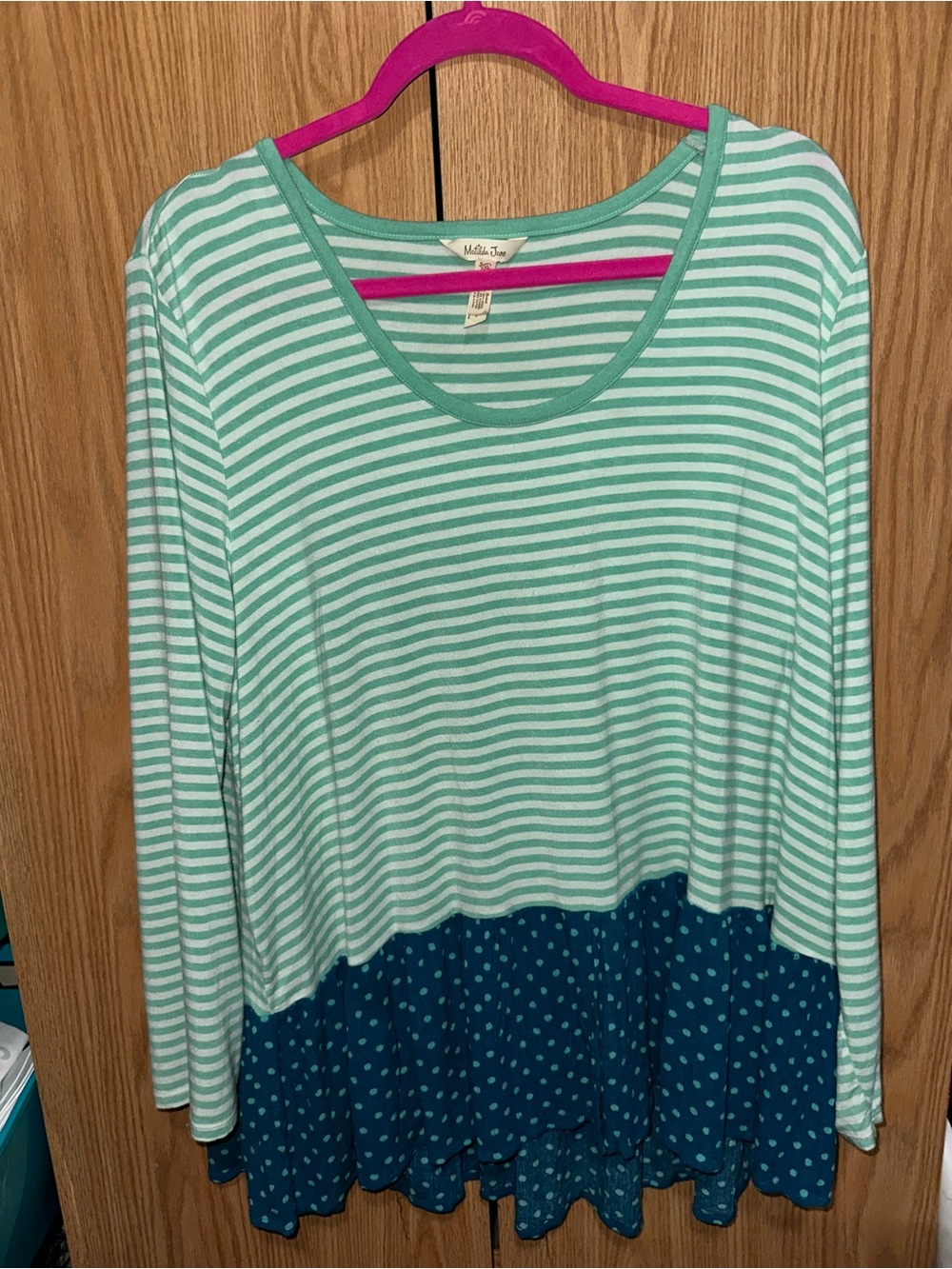 Matilda Jane Womens XXL Striped Knit Scoop Neck 3/4 Length Sleeve Top Ruffle Hem